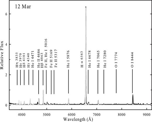 Best-fitting cloudy model spectra (grey line) plotted over the observed spectra (black lines) of RS Oph observed on 2006 March 12. The spectra were normalized to H β. A few of the strong features have been marked (see text for details).