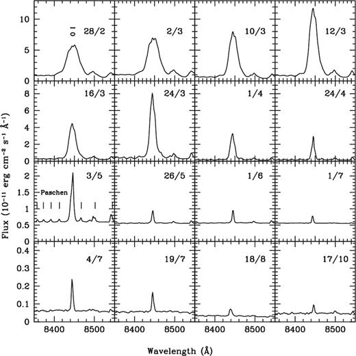 Evolution of the O i 8446 Å line (top to bottom, left to right). Dates are in the dd/mm format. The stronger line in all the panels is the O i line. Paschen lines can also be seen; they are narrow and clearly seen on 2006 May 3.