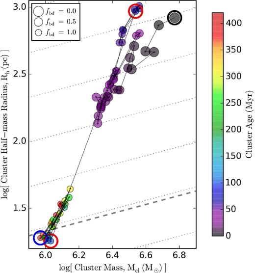 As Fig. 4, but focusing on the evolution of the cluster ’A’ in a sub-region (grey dashed rectangular region in Fig. 4). The thin black line shows the lineage tree of the cluster ’A’ determined by Rockstar. Each data point is coloured by the cluster's age – different from Fig. 4 – with its size inversely proportional to its bound mass fraction fbd. The ancestor of the cluster ’A’ begins in the upper right corner of this figure at z = 6.92 (black circle), then slowly moves towards the lower left corner to become compact and tightly bound at z = 5 (blue circle). Initially, a large fraction of the ’association’ mass is due to nearby pre-existing stars and a low-density ’envelope’ of stars, giving an apparently large cluster size. They are stripped in a mass-loss event between z = 6.4 and z = 6.3 (two red circles), leaving a dense, tightly bound ’cluster’ that survives for ∼420 Myr until the simulation ends.