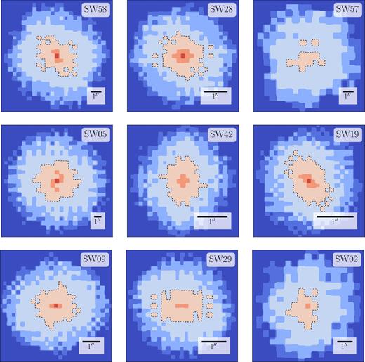 Ensemble-average mass distribution κ for which the results Figs 3–4 were derived. The dashed curves denote κ = 1. Most of the mass maps have a 180°-rotation symmetry, which is imposed by default. For SW 02 and SW 57, where the lensing mass is clearly asymmetric, the modeller chose to turn off the symmetry.