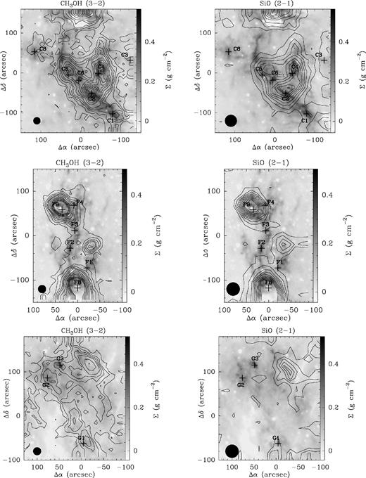 Integrated intensity maps of the CH3OH(3–2) (left) and SiO(2–1) (right) lines towards clouds C (top panels), F (middle panels), and G (bottom panels). Emission levels (black contours) are 3σ, 6σ, 9σ, 12σ, 15σ, 21σ, 27σ, 33σ, 39σ, 45σ, 51σ, and 57σ for CH3OH; 3σ, 6σ, 9σ, 12σ, 15σ, 18σ, 21σ, 24σ, 27σ, and 30σ for SiO. The contours are superimposed on the H2 mass surface density maps (grey-scale) obtained by Kainulainen & Tan (2013). Cloud C: the integration ranges are 65–90 km s−1 for SiO and 75–85 km s−1 for CH3OH and σ = 0.20 K km s−1 for both molecules. Cloud F: the integration ranges are 40–80 km s−1 for SiO and 52–64 km s−1 for CH3OH; σ = 0.24 and 0.25 K km s−1 for SiO and CH3OH, respectively. Cloud G: integration ranges are 35–50 km s−1 for SiO and 38–50 km s−1 for CH3OH; σ = 0.10 and 0.20 K km s−1 for SiO and CH3OH, respectively. The core positions (black crosses; Butler & Tan 2009, 2012) and the beam sizes (black circles) are shown in all panels.