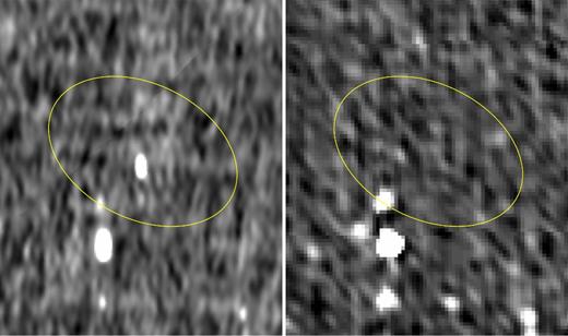 Fermi J1833.0−3839. (Left) A steep-spectrum pulsar candidate near the centre of a TGSS ADR1 image at 150 MHz. (Right) The same field from the NVSS at 1.4 GHz. The curve indicates the Fermi 95 per cent error ellipse for an unassociated gamma-ray source in this same direction, whose angular size is given in Table 4. The field of view is 11.2 arcmin by 9.5 arcmin.