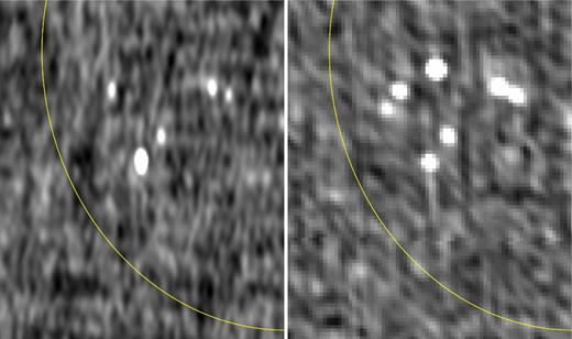 Fermi J1843.8−3834. (Left) A steep-spectrum pulsar candidate near the centre of a TGSS ADR1 image at 150 MHz. (Right) The same field from the NVSS at 1.4 GHz. The curve indicates the Fermi 95 per cent error ellipse for an unassociated gamma-ray source in this same direction, whose angular size is given in Table 4. The field of view is 21.9 arcmin by 18.5 arcmin.