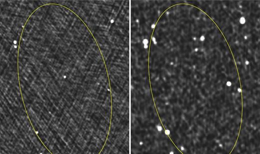 Fermi J2000.8−0300. (Left) A steep-spectrum pulsar candidate near the centre of a TGSS ADR1 image at 150 MHz. (Right) The same field from the NVSS at 1.4 GHz. The curve indicates the Fermi 95 per cent error ellipse for an unassociated gamma-ray source in this same direction, whose angular size is given in Table 4. The field of view is 23.6 arcmin by 19.9 arcmin.