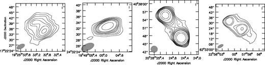 Contour plots for steep-spectrum radio candidates observed by the VLA at 3.1 GHz (left to right: 3FGL J1925.4+1727, 3FGL J1949.3+2433, 3FGL J2028.5+4040c, Fermi J2259.1+6233) in Fermi error ellipses that are resolved by the VLA. Due to their extended nature, these are no longer considered pulsar candidates. The synthesized beam for each cutout is shown as a grey ellipse. The contour levels are at 3, 5, 7, 10, 12, 15, 20, 50, and 100 times the rms noise for the 3FGL sources, and 15, 20, 25, 40, 50, and 100 times the rms noise for Fermi J2259.1+6233. The RMS noise in the respective images (left to right) is 48, 42, 44, and 23 μJy beam−1.