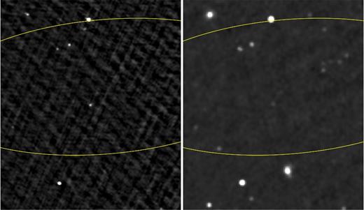 Fermi J1236.5+1133. (Left) A steep-spectrum pulsar candidate in the centre of a TGSS ADR1 image at 150 MHz. (Right) The same field from the NVSS at 1.4 GHz. The curve is the Fermi 95 per cent error ellipse for an unassociated gamma-ray source in this same direction, whose angular size is given in Table 4. The field of view is 23 arcmin by 19.8 arcmin.