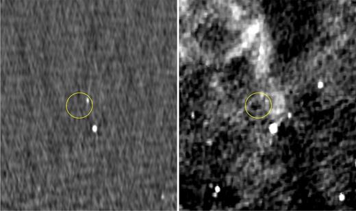 Fermi J1646.5−4406. (Left) A steep-spectrum pulsar candidate near the centre of a TGSS ADR1 image at 150 MHz. (Right) The same field from the SUMSS at 843 MHz. The shell-like Galactic supernova remnant G 341.2+0.9 is in the upper left corner of this image. The curve indicates the Fermi 95 per cent error ellipse for an unassociated gamma-ray source in this same direction, whose angular size is given in Table 4. The field of view is 24.6 arcmin by 20.7 arcmin.