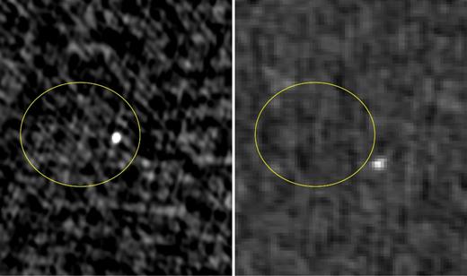 Fermi J1728.1−1608. (Left) A steep-spectrum pulsar candidate near the centre of a TGSS ADR1 image at 150 MHz. (Right) The same field from the NVSS at 1.4 GHz. The curve indicates the Fermi 95 per cent error ellipse for an unassociated gamma-ray source in this same direction, whose angular size is given in Table 4. The field of view is 11.4 arcmin by 9.6 arcmin.