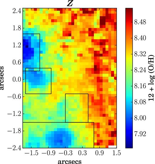 Metallicity map obtained using the H II-CHI-mistry code. The four black rectangular boxes denote the location of the four H ii regions. White spaxels correspond to the spaxels in which emission-line fluxes had S/N < 3.