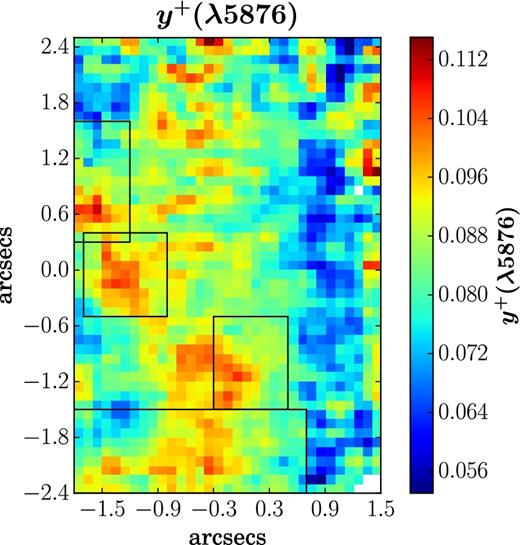 Helium abundance map obtained from He i λ5876 flux map. The four black rectangular boxes denote the location of the four H ii regions. White spaxels correspond to the spaxels in which emission-line fluxes had S/N < 3.
