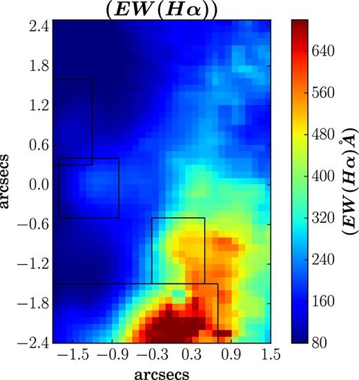 Map of equivalent width of H α. The four black rectangular boxes denote the location of the four H ii regions.