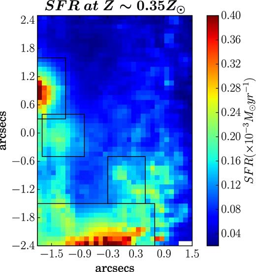 SFR map of the FOV in units of × 10−3 M⊙ yr−1 at 0.35 Z⊙. The four black rectangular boxes denote the location of the four H ii regions.