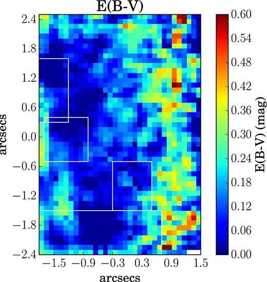 E(B − V) map created assuming the LMC extinction curve. Spaxels with E(B − V) < 0 are set to E(B − V) of the Galactic foreground. The four white rectangular boxes denote the location of the four H ii regions. White spaxels correspond to the spaxels in which emission-line fluxes had S/N < 3.