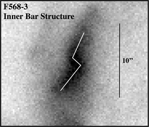 Re-scaled B-band image of F568-3 showing the inner bar structure. White lines have been drawn to show the asymmetric nature of the bar.