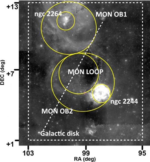 Composition of DSS9 image showing the most representative objects of the region using yellow circles. The dashed white rectangle is the analysed area of 8 × 12 deg2 centred on RA = 99.0 deg, DEC = +7.0 deg, and the discontinuous line represents the Galactic disc.