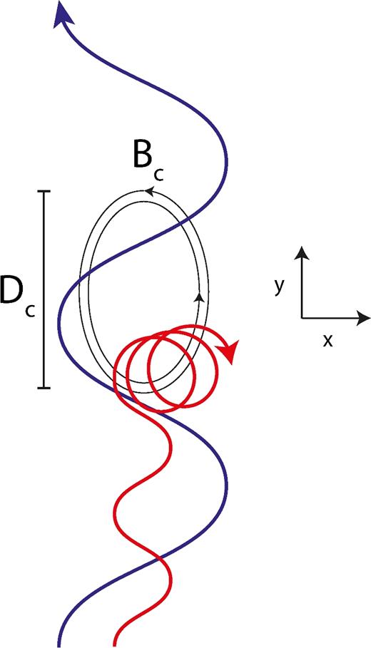 A schematic figure comparing the typical trajectories of a particle entering a magnetic island with γ ≪ γc (red) and with γ ≫ γc (blue). The red particle is quickly deflected by the strong magnetic field at the edge of the island (or equivalently the X-point) and is then trapped in the island. In contrast, the blue particle is basically unaffected by the magnetic field. The oscillations prior to entering the island are Speiser orbit trajectories characteristic of particle motion in X-points. Note that before entering the island, the largest component of the particles’ momentum is in the ±z direction (not shown) due to acceleration by the electric field.