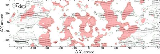 Molecular gas depletion time in comparison with star-forming areas. Colour filled areas correspond to the level ΣSFR > 0.007 M⊙ yr−1 kpc−2. Hatched regions correspond to tdep < 2 Gyr. Black segment in the lower left corner shows a 1 kpc linear scale.