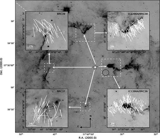 Optical polarization vectors over-plotted on a WISE 12-$\mu$m image of the IC 1396 H ii region. The structures IC 1396 A, BRC 37, BRC 38 and BRC 39 with the B-field geometry are shown in zoomed-in images. Line segments with 2 per cent polarization are shown for scaling. The white dashed line shows the position angle of the Galactic plane. The black circle in the dashed panel in the centre right of the image shows the field of view of the instrument (AIMPOL). Position angles are measured from north, increasing towards the east. The north and east directions are shown in the figure.