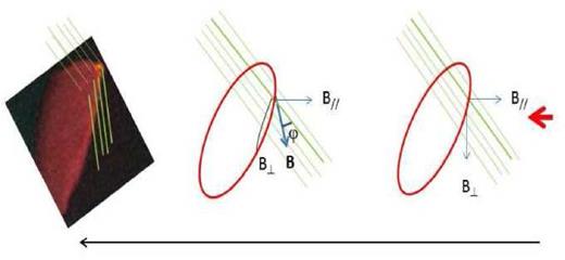 Schematics for depicting the structural evolution of BRC 39 using the simulations from Kinnear et al. (2015). The evolutionary track is shown from right to left, represented by an arrow. Green segments show the global magnetic field lines, and the red arrow indicates the direction of ionizing radiation towards the cloud. Two orthogonal components of the plane of the sky magnetic fields are labelled as $\rm B_{\parallel }$ and $\rm B_{\perp }$.