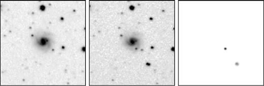 An exemplar multi-transient case from the CRTS SN Hunt data set. The science image (middle) has two transients and the network prediction (right) finds them both, though it was never trained explicitly to look for multiple transients.