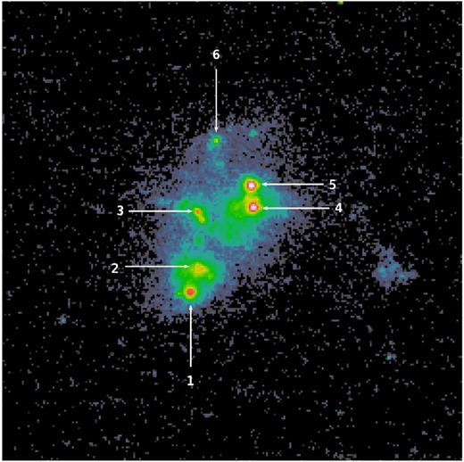HST ACS/F220W archival image of SBS 0335-052E (HST Proposal ID 10575; PI: G.Östlin). The brightest SSCs as identified by Thuan et al. (1997) are labelled. The image is 6 × 6 arcsec2. North is up and east is to the left-hand side.