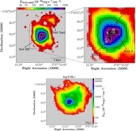 Top row: the He ii λ4686 map in two different scales showing the boundaries of the areas that we use to create the integrated spectra of the He ii-emitting regions: He ii shell, He ii main body, and He ii knots A,B,C (see the text and Table 1 for details); in the top right-hand panel the white lines mark the location of the brightest SSCs of SBS 0335-052E (see Fig. 1). Bottom row: the Hα map showing the spaxels only with Hα S/N (per pixel) > 10. North is up and east to the left-hand side.