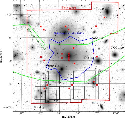 Layout of the observations. The background image is a mosaic of several VST/OmegaCAM pointings in the g band. The central galaxy is NGC 1399. Additional Fornax galaxies are also labelled. The red boxes mark the centres of all 25 VIMOS pointings. The footprints of some VIMOS masks are shown on the bottom for illustrative purposes. Note how the VIMOS masks are dithered to maximize spatial coverage. The region covered by all 25 VIMOS is outlined in red, whereas the regions covered by literature studies are shown in green (Bergond et al. 2007) and blue (Schuberth et al. 2010).