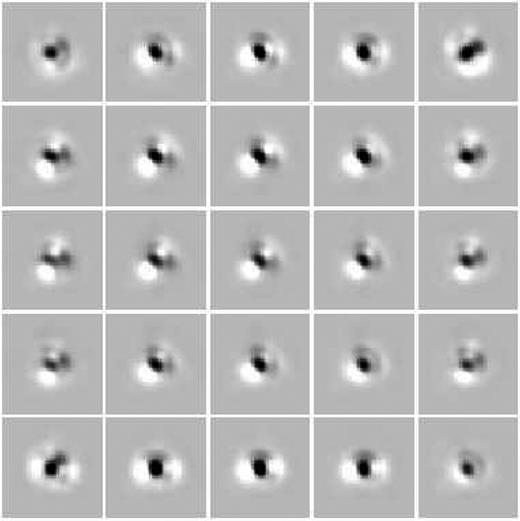 A 5 × 5 grid of perturbation PSFs that modify the library PSF array in the case of the image j9l959f6q (NGC 6352). The total variation across the grid goes from ∼−2 per cent to ∼1 per cent of the star’s total flux.