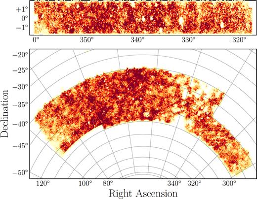 Surface density of source galaxies in the metacalibration catalogue within the DES Y1 footprint in the ‘S82’ field (top) and the ‘SPT’ field (bottom).