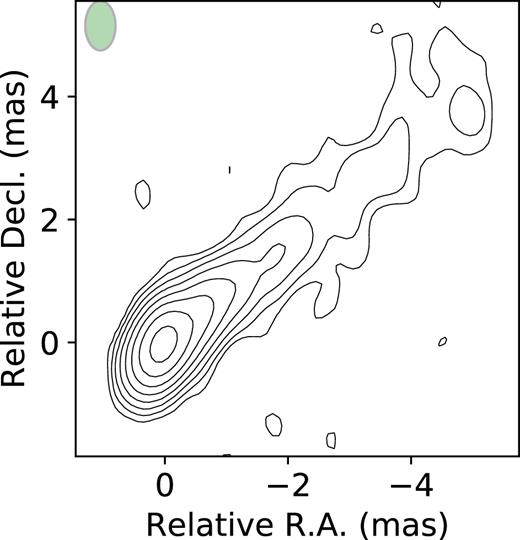 CLEAN image of source 0050+300 obtained using the number of iterations suggested by CV. The green ellipse in the image shows the synthesized beam. Contours are plotted with a factor of 2. The lowest contour value is 1.9 mJy beam−1.