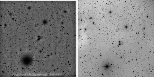 Left panel: the Hickson Compact Group 98. This is the JBRT co-added composite of 55 images, each exposed for 300-s through the L-band filter, unsharply masked and contrast-stretched, to reveal low-surface brightness details in the galaxies. North is up and West is to the right. Right panel: confirmatory image from the JRT telescope obtained in a similar way with the same L-band filter.