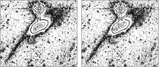Left panel: Isophote display of HCG 98 from Fig. 2. The long tail and the faint envelope are emphasized. Right panel: The isophote plot with the different components discussed in the paper clearly labelled with the HCG prefix missing (for clarity). Label S corresponds to galaxy SDSS J235411.11 + 002249.6.