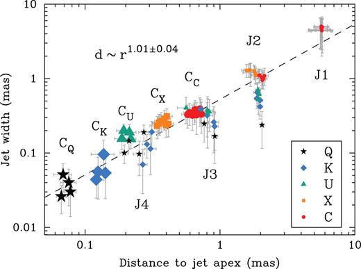 Jet width versus distance to the jet vertex for 78 components from structure model fits at seven frequencies for four epochs. Cores are marked by larger symbols. The dashed line is the best fit from the least-squares method. The jet shape at scales probed by our multi-frequency VLBA observations is conical.