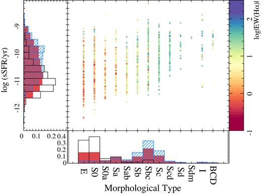 Distribution of specific star formation rates versus the morphological type for the full sample of galaxies, colour-coded by their average EW(H α). The normalized histograms of each parameter for the full sample (solid red), SFGs (hashed light blue), and RGs (open black) are also included.