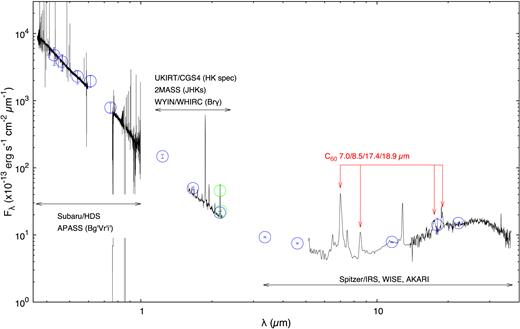 Panchromatic data of SaSt2-3 used in the present work. The green (WHIRC Brγ-on/off bands) and blue circles (the other bands) are the photometry data and the black lines are the spectra, respectively. The flux density of the Subaru/HDS spectrum is scaled to match the APASS Bg′Vr′i′-bands. The UKIRT 3.8 m/Cooled Grating Spectrometer 4 (CGS4) HK-band spectrum (we downloaded the raw data of the spectrum presented in Lumsden, Puxley & Hoare (2001) from the UKIRT archive data website and reduced them using iraf) is scaled to match the 2MASS Ks-band. The Spitzer/IRS spectrum is scaled to match the WISE/W3 and W4 and AKARI L18W bands.