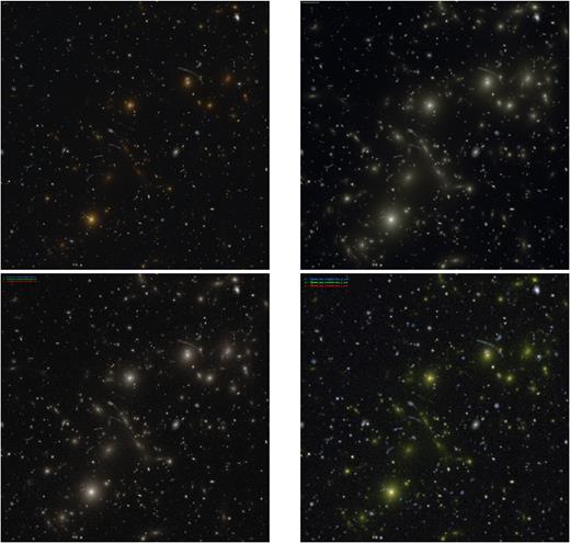Colour composites from images produced by skylens. In all case the field of view is 204 × 204 arcsec2. Upper left: HST ACS WFC, produced by combining images in the F475W, F625W, and F775W filters. The exposure time for each image is 5000 s. Upper right: JWST NIRCam, produced by combining images in the F090W, F150W, and F200W filters. The exposure time for each image is 10 146 s. Lower left: WFIRST WFI, produced by combining images in the Y106, J129, and H158 filters. The exposure time for each image is 504 s. Lower right: Subaru HSC, produced by combining images in the g, i, and $z$ filters. The exposure time for each image is 600 s.