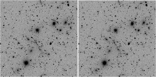 Simulated observations of Ares with Euclid in the broad riz band (VIS channel). In the left-hand panel, a single-lens plane is used, corresponding to the convergence map shown in the first panel of Fig. 2. In the right-hand panel, we stack three lens planes. The resulting effective convergence is shown in the fourth panel of Fig. 2.