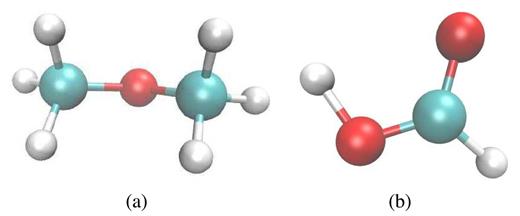 Interesting reaction products found for an ion energy of 100 keV: (a) dimethyl ether, ${\rm H_3C-O-CH_3}$, and (b) formic acid, ${\rm CH_2O_2}$.