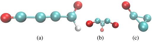 Interesting reaction products found for an ion energy of 20 MeV: (a) buthyne-dione-radical, ${\rm C_4HO_2}$, (b) cyclopropan-trione, ${\rm C_3O_3}$, and (c) radical of cyclopropanone, ${\rm C_3O}$.