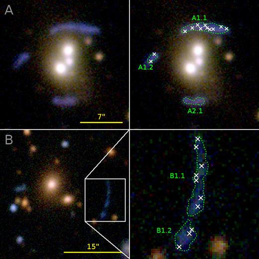 Illustration of the calibration for lenses A and B. The figure shows CFHTLenS i′r′g′-composite images with the arc regions (green contours) and the random χ2-minimization pixels Θcrit (white crosses) used in Section 6.2.