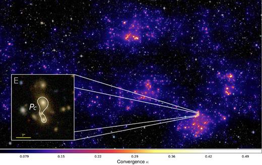 Cluster-scale convergence predicted with parameter set PC for the candidate-free $1 \, \mathrm{deg}^2$ region, superimposed on a CFHTLenS i′r′g′-composite image. The box on the left shows a zoom-in on the critical curve of the only group-scale critical curve detection.