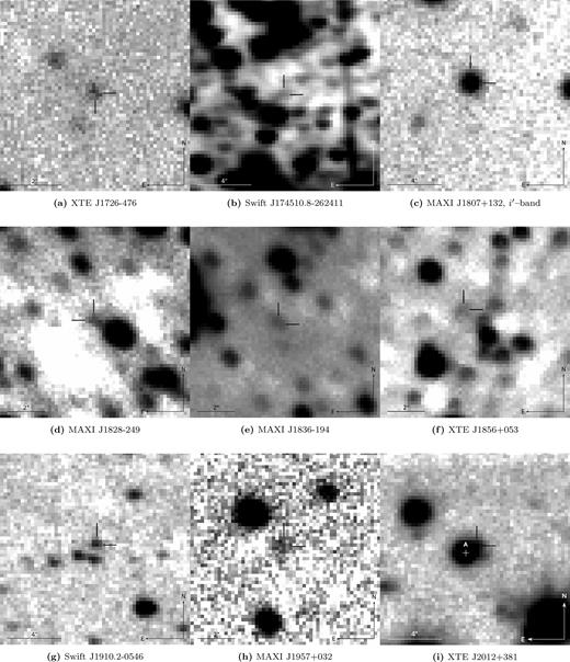 Finder charts of the XRBs with a quiescent counterpart detected. These sources have a known position for the counterpart in outburst. All images are in the NIR Ks band, unless indicated otherwise. The position of the detected counterparts is indicated in every image. For image (i), we also indicate the other star identified by Hynes et al. (1999) and label it A.