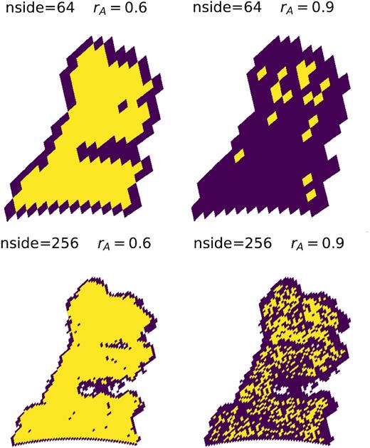 DES SV mask for different Nside (64, 256) and different area cuts rA = 0.6, 0.9. The pixels that we discard are blue and the ones that we keep are red. The bigger the pixel, the larger the amount of data we lose.