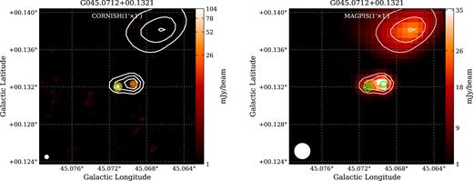 Left: the image of known HC H ii G45.07 + 0.13 NE (CORNISH counterpart: G045.0712 + 00.1321) at 5 GHz CORNISH. Right: the image of known HC H ii G45.07 + 0.13 NE at 1.4 GHz MAGPIS. The beams of CORNISH (1.5″) and MAGPIS (6″) are white circles presented in the lower left corner of each image. Overlaid lime and white contours on each image show 5 GHz emission from CORNISH and 1.4 GHz emission from MAGPIS, respectively. This is an example of an HC H ii region showing extended 1.4 GHz emission (Sint/Speak = 1.74) from a nearby UC H ii region and we regard its spectral index as a strict lower limit (αmin).