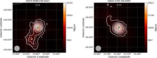 Left: the 250 $\mu$m image from Hi−GAL overlaid with 870 μm emission from ATLASGAL for HC H ii region G10.96 + 0.01 W (CORNISH counterpart: G010.9584 + 00.0221). Right: the 250μm image from Hi−GAL overlaid with 870 μm emission from ATLASGAL for HC H ii region G35.58 – 0.03 (CORNISH counterpart: G035.5781 – 00.0305). Grey and white contours on each image are determined by a dynamic range power-law fitting scheme (Thompson et al. 2006) and show 250 μm and 870 μm emission, respectively. The beam of Hi−GAL 250μm (18″, similar to the ATLASGAL beam of 19″) is shown in the lower left of each image. The cross indicates the position of the source at 5 GHz from CORNISH.