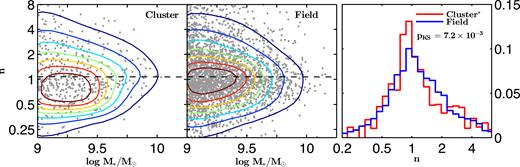 The stellar-mass–Sérsic index relation for SF1 galaxies in the UDS at 0.5 < $z$ < 1.0. The grey dots represent the position of individual galaxies across the mass–Sérsic index plane. The con tours show the number of galaxies per unit area on the diagram and normalized by the comoving volume of the field. The black dashed line in the first two panels corresponds to the best-fitting linear model to the field population. The left-hand and central panels correspond to cluster and field galaxies, respectively. The right-hand panel shows the distributions of n in clusters (red) and in the field (blue; the asterisk next to the cluster label indicates that it is the background-subtracted sample). We observe that cluster galaxies tend to have lower n values with respect to the field.