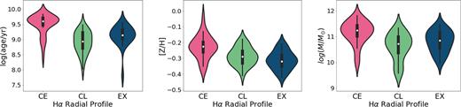 The violin plot for the stellar age, metallicity, and stellar mass and for each type of H α profile.