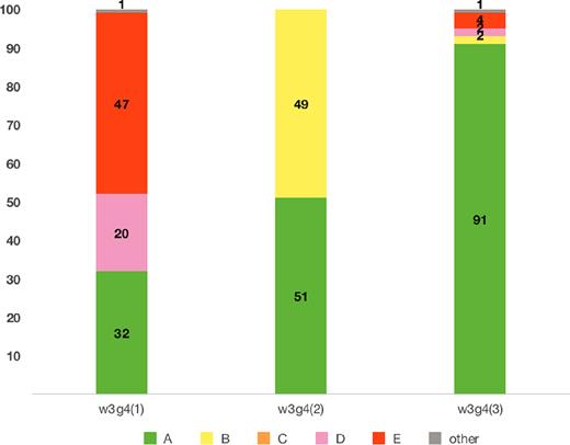 Results of the categorization Classes (A)–(E) for achievement of model fitting (same as Fig. 7) for w3g4 source with different intrinsic polarization angle of second Gaussian. Individual cumulative bar chart shows the result of fiducial χ0, 2 = $\pi$/4 (rad) labelled as w3g4(1), χ0, 2 = $\pi$/2 labelled as w3g4(2), and χ0, 2 = $\pi$/3 labelled as w3g4(3), from left to right, respectively.