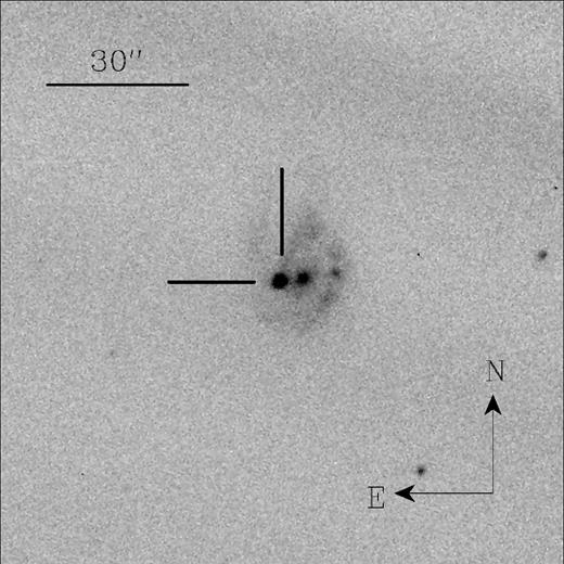 A portion of the LT RINGO3 ‘green’ image of SN 2017egm (indicated by the cross-hairs) in NGC 3191 on 2017 June 24. The total field size, corresponding to the diameter of the $50{{\ \rm per\ cent}}$ vignetted image, is 246 arcsec.