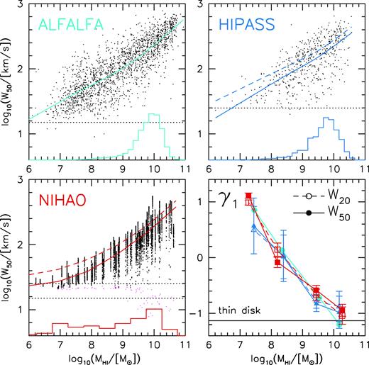 The H i linewidth–mass relation. Upper panels show the observed relations from ALFALFA and HIPASS. Points are W50, solid lines show the mean relation. Dashed lines show the mean relation using W20. Only 100 points per 0.2 dex in mass are plotted to make the change in scatter with mass more apparent. The histogram shows the distribution of mass for the full sample. The horizontal dotted lines show the instrumental velocity resolution limit. The lower left panel shows the relation from NIHAO, where we plot 50 random projections per simulated galaxy. The magenta points show the linewidth due to thermal broadening. The lower right panel shows the skewness of the distribution in bins of mass. Error bars are from bootstrap resampling. An idealized thin rotating disc has γ1 = −1.13 (horizontal black line). High-mass galaxies in both observations and simulations are close to this value. While lower mass galaxies progressively deviate suggesting more disordered kinematics.